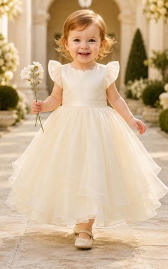 Champagnerfarbenes Satin-Oberteil, Organza-Rock, A-Linien-Kleid mit flatternden Ärmeln – ideal zur Babytaufe.