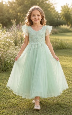Mint Lace Bodice Tulle A-Line Flower Girl Dress with Short Sleeves, V-Neck and Tea-Length Skirt