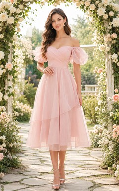 Rosafarbenes, schulterfreies Tüllkleid mit Puffärmeln in Teelänge