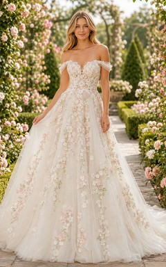 Vestido de novia formal de corte A con hombros descubiertos, estilo romántico y lujoso.