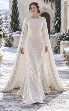 Vestido de novia de invierno estilo sirena con manga larga, cuello joya, borde de cristal y capa de terciopelo.