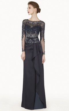 Robe de bal longue en satin à manches longues effet bateau et jupe cascade