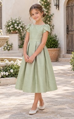 Simple Tea-length Celadon Bateau Tulip Sleeve Pleated Shantung Flower Girl Dress