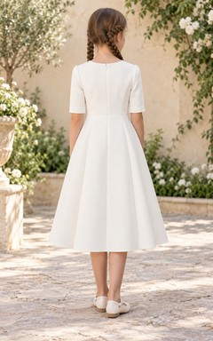 Modest Simple Tea-length Ivory Paneled Skirt Flower Girl Dress