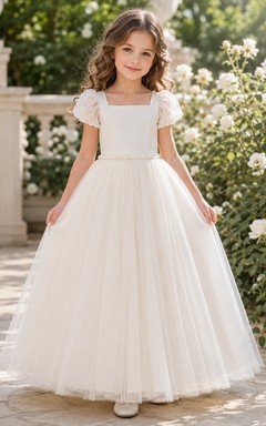 Blumenmädchenkleid, elfenbeinfarben, Tüll, A-Linie, Puffärmel, eckiger Ausschnitt, Teelänge, plissiert