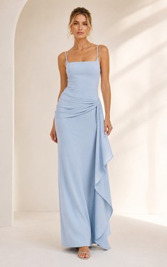 Robe de soirée bleu ciel en mousseline de soie, fourreau, col carré, sans manches, longueur au sol