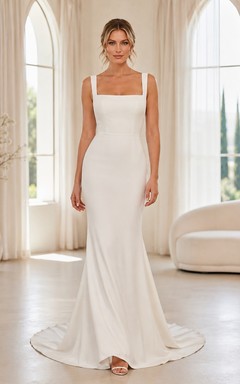 Minimalist Stretch Satin Wedding Dress Mermaid Square Neck Sleeveless Sweep Train Bridal Gown