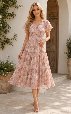 Vestido de invitada de gasa color rosa empolvado con escote en V, mangas con pétalos, estampado floral, cintura natural, corte en A y largo hasta la rodilla.