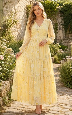 Robe longue romantique jaune à fleurs, col en V, manches bouffantes et volants, coupe trapèze, longueur au sol