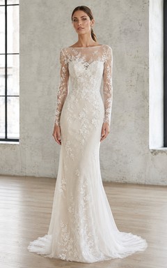 Robe de mariée sirène en dentelle florale à manches longues illusion bateau