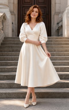 Robe de mariée en satin à manches bouffantes et col en V, coupe courte, style Courthouse
