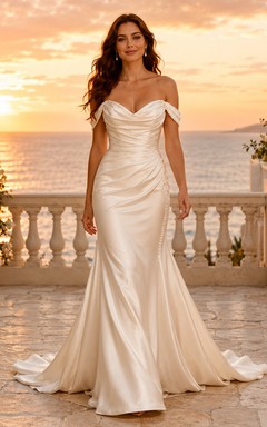 Brautkleid aus Satin, A-Linie, trägerlos, mit Schleppe