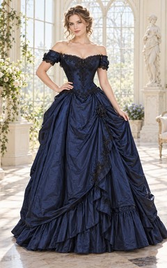 Victorian Dark Navy Off Shoulder Lace Corset Ruffled Ball Gown