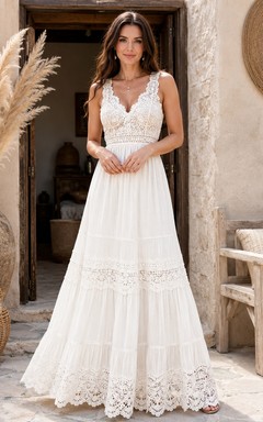 Bohemian White Cotton Lace Ibizaco A-Line Floorly V neck Strap Dress