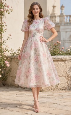 Robe d'invitée rose à fleurs en organza, manches bouffantes, coupe trapèze, longueur thé