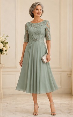 Sage Tea Length Crystal Brooch Mother Dress Sage Bateau Jewel A-Line Tea-length