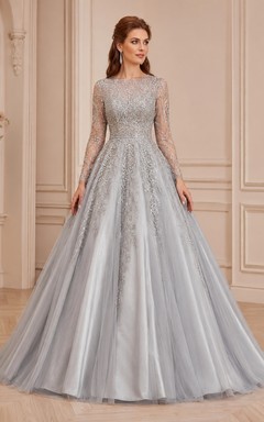 Silver High Neck Illusion Long Sleeve Lace Satin Ball Gown