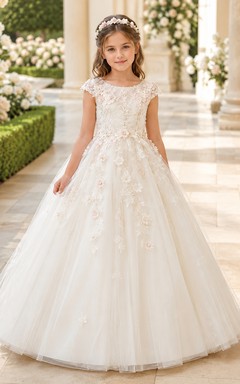 Flower Girl Dress Ivory Lace Tulle Ball Gown Jewel Neck Floor Length Sash Detail