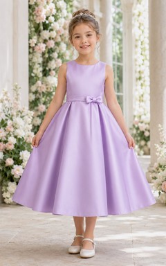 Flower Girl Dress Lavender Satin A-Line Jewel Neck Tea Length Bow Detail