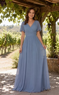 Steel Blue Chiffon A-Line V-Neck Flutter Sleeve Pleated Low Back Floor-Length Bridesmaid Dress