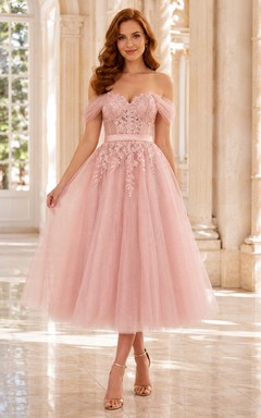 Romantic Blushing Pink Tulle Prom A Line Tea Length Off Shoulder Corset Dress