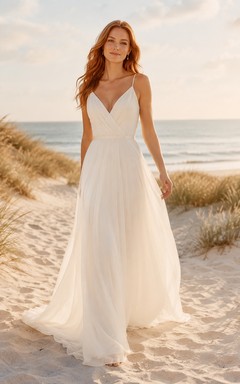 Beach Chiffon Tulle Wedding Dress A-Line Spaghetti Strap Floor Length Bridal Gown