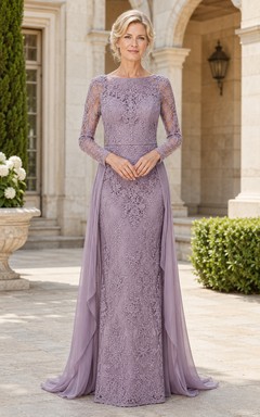 Lavender Lace Sheath Mother Dress With Long Illusion Sleeves And Side Panels