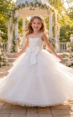 Luxury Tulle Floor-Length Ball Gown Illusion Pearl Bow Flower Girl Garden Wedding Dress
