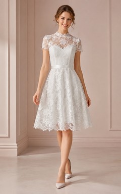 Modest Jewel Neck Cap Sleeve Lace A-Line Knee-Length Courthouse Wedding Dress