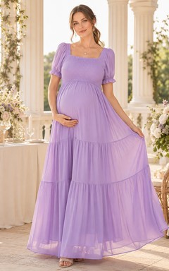 Vestido largo de gasa escalonado de manga abullonada y cuello cuadrado, estilo romántico, para premamá, color lavanda.