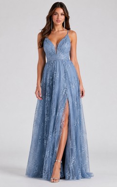 A-Line V-Neck Tulle Prom Dress with Lace