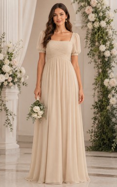 Champagne Square Neck Puff Sleeve Chiffon Bridesmaid Dress