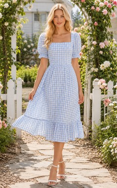 Blue Gingham Square Neck Puff Sleeve Ruffle Midi Dress