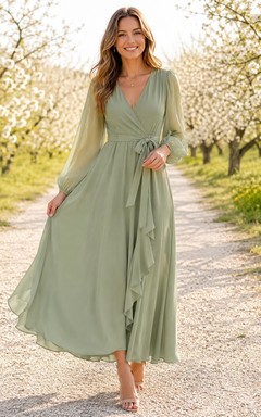 Salbeigrünes Chiffon-Maxikleid im Boho-Stil mit V-Ausschnitt, langen Ärmeln und A-Linien-Schnitt