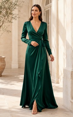 Robe de soirée sobre en satin vert foncé, col en V, manches longues, coupe trapèze, longueur au sol