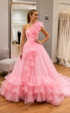 One-Shoulder A-Line Ruffled Draping and Dress With Tiers