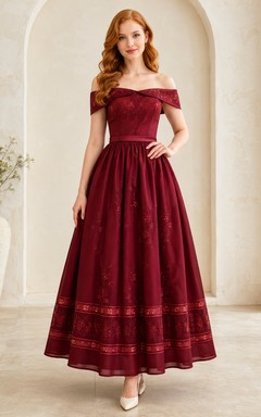 Burgundy Vintage Floral Print Off-the-shoulder Pleated A-Line Tea-length Dress