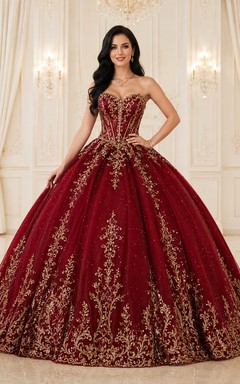 Gilded Court Burgundy Ball Gown Floor-Length Strapless Sleeveless Tulle Luxury Prom Dress