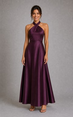 Plum Halter Satin Floor-Length A-Line Dress with Tie Back