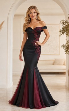 Vestido de noche largo hasta el suelo, estilo sirena, negro, sin mangas, con escote corazón, apliques de encaje satinado, abertura frontal, espalda en V profunda y cola.