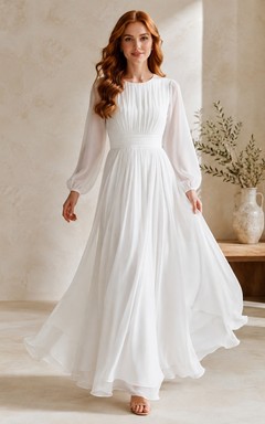 Modest High Neck Long Sleeve Pleated Chiffon A-Line Floor Length Temple Dress