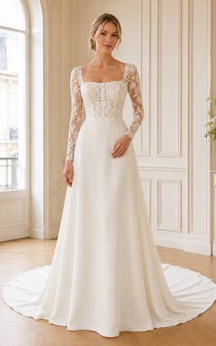 Robe de mariée en satin, coupe trapèze, col carré, manches longues illusion en dentelle, manches en dentelle, style chapelle