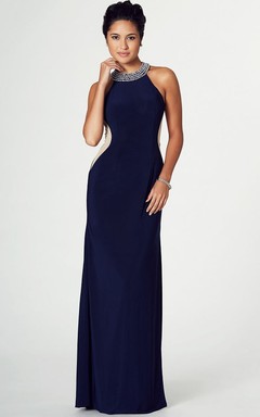Sheath Long Sleeveless Beaded Scoop Chiffon Prom Dress With Illusion Back And Split Front