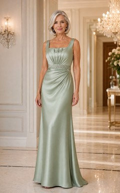Sage Satin Square Neck Sheath Mother Dress