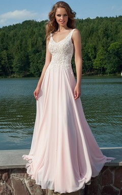 Ärmelloses, bodenlanges Chiffon-Abendkleid mit V-Ausschnitt, Applikationen und Etui-Schnitt
