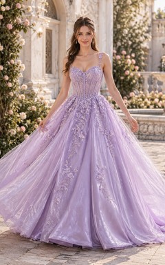 Lavender Spaghetti Beaded Corset Tulle Ball Gown Floor-Length Luxury Prom Dress