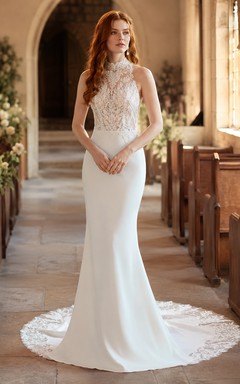 Robe de mariée fourreau à corsage en dentelle et col montant, style chapelle, pour un portrait.