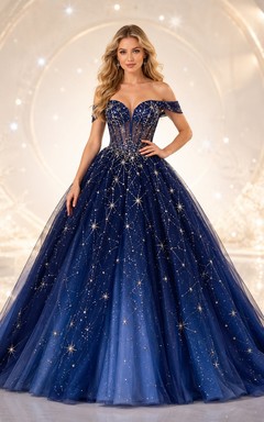 Navy Off-the-Shoulder Sleeveless Starry Tulle Ball Gown Sweep Train Prom Dress