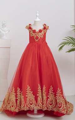 Cap Red Ball Gown Applique Flowergirl Dress with Pop up Petal