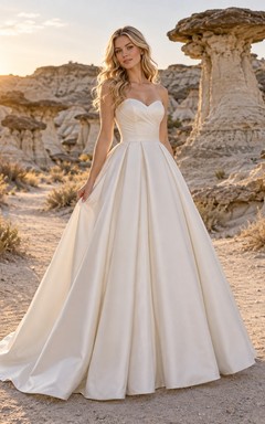 Vestido de novia sencillo, sin tirantes, de corte A, escote corazón, sin mangas, de satén plisado y largo hasta el suelo